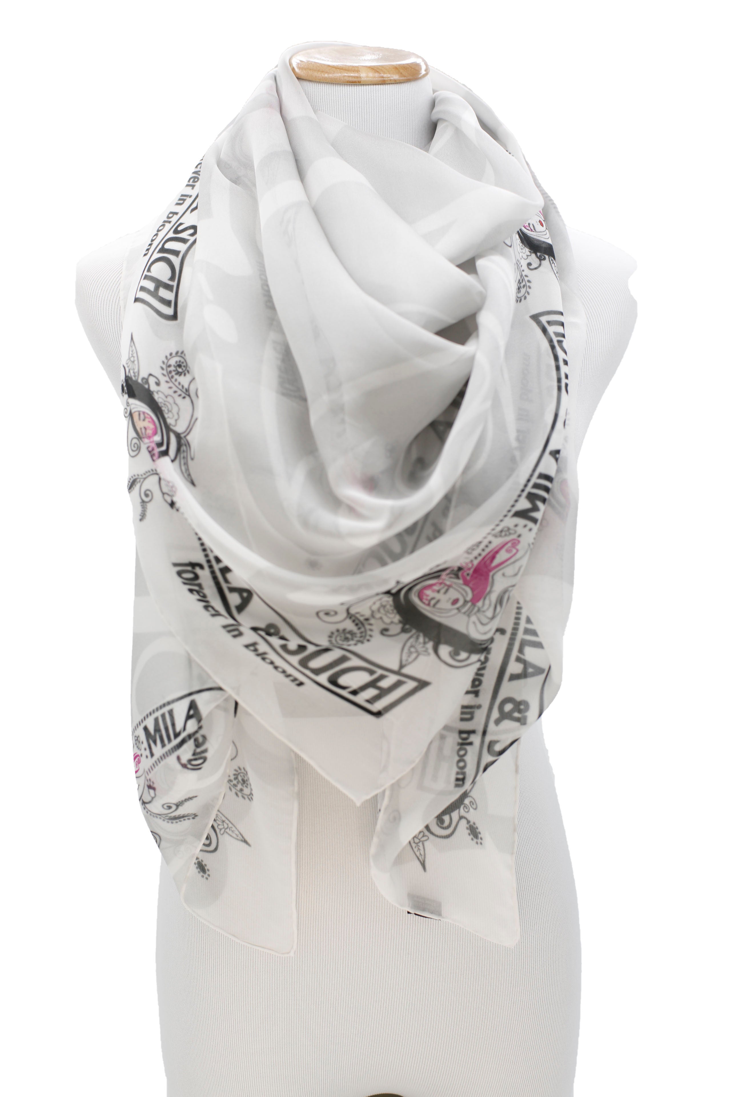 Designer Square Silk Scarf for Women Hand Painted and Printed Grey Shawl  with Pink Rose Unique by EdGalArt