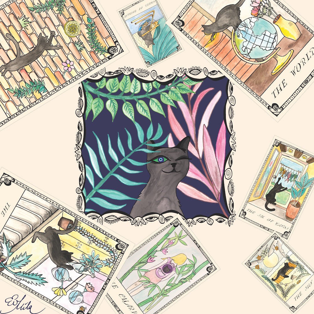 HIDDEN LUCK Silk Scarf Shawl Hand Drawn Tarot Cards Illustrations
